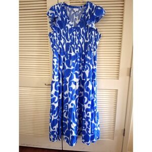 Sugarlips Maxi Dress 3X Blue White Cotton Smock Tiered Coastal Boho Euro Simmer